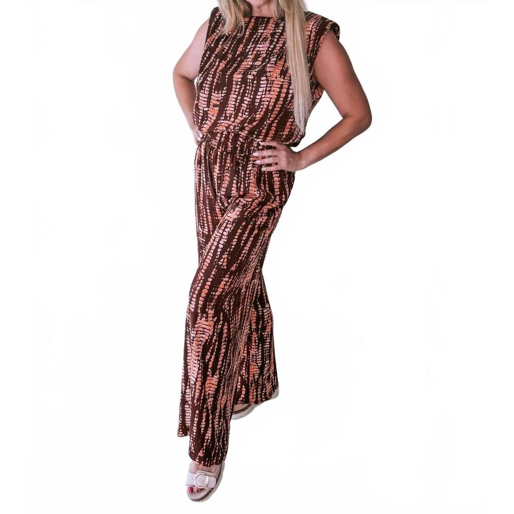 NEW GLAM printed set with sleeveless top and wide leg elastic waist in plum